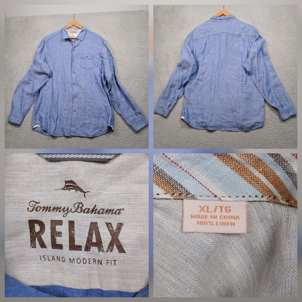 Tommy Bahama Relax Linen Shirt Men's XL Blue Island Modern Fit